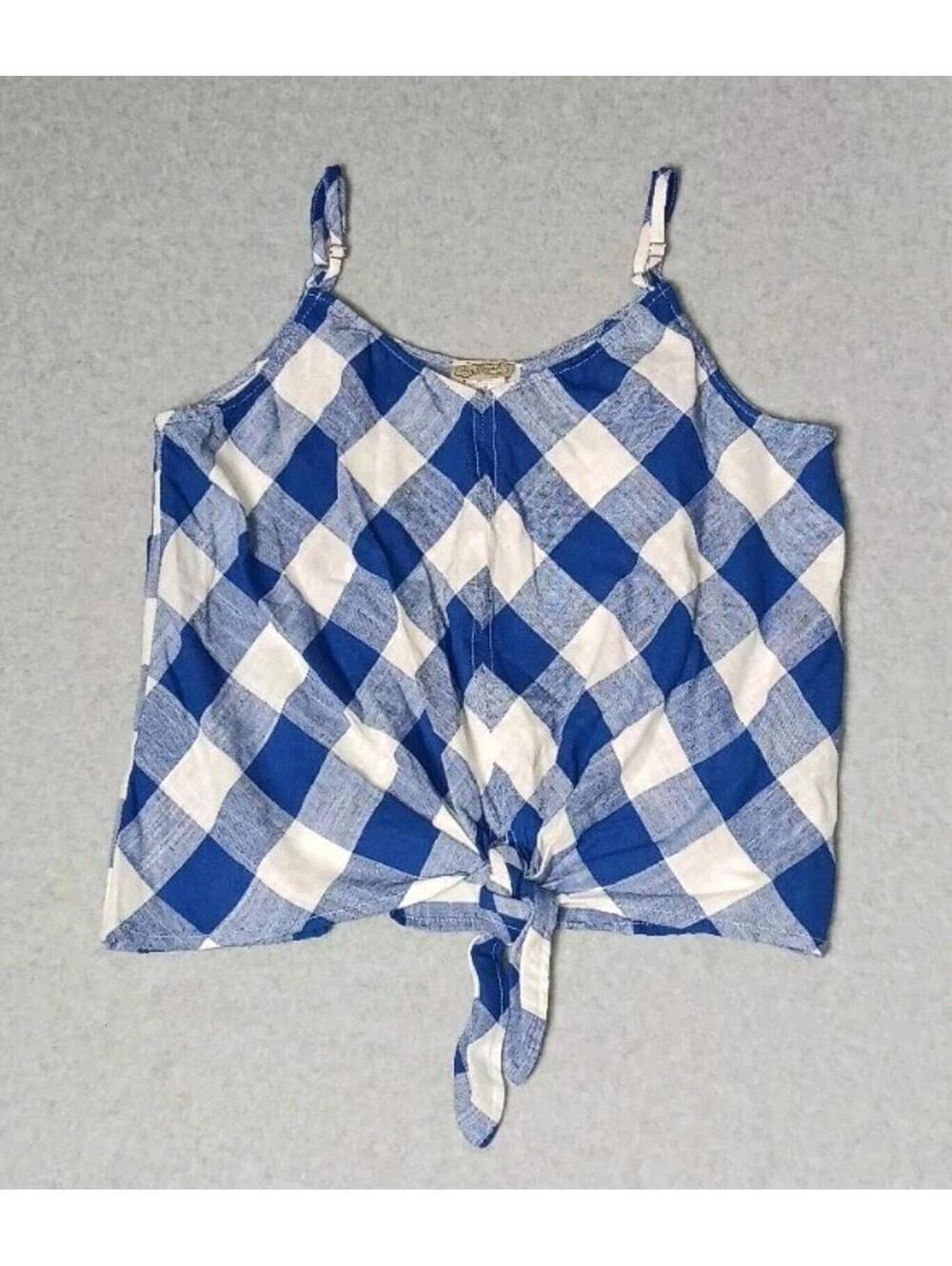 Eyelash Couture Sleeveless Blouse Womens Size Medium Blue And White Plaid Tie...